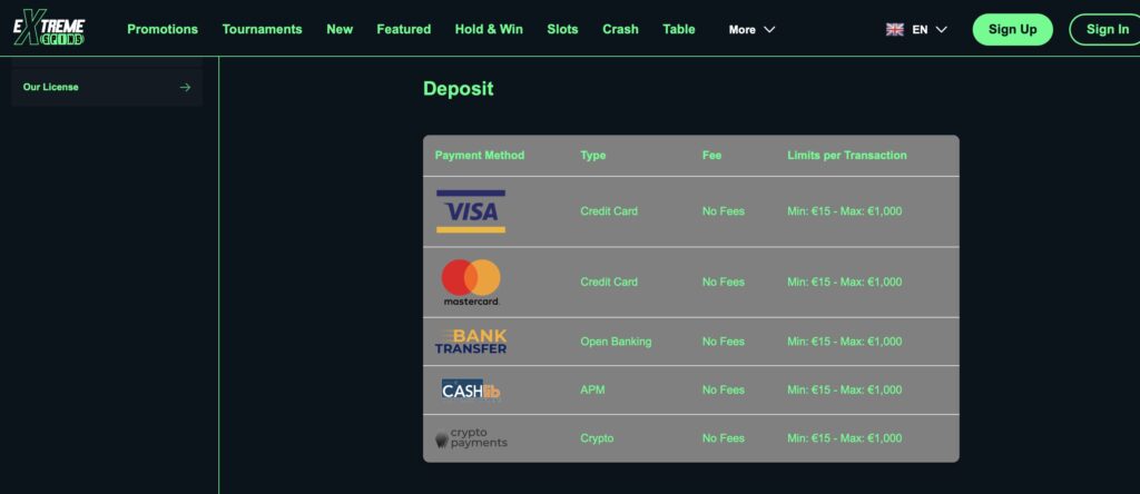 Extreme Spins banking options