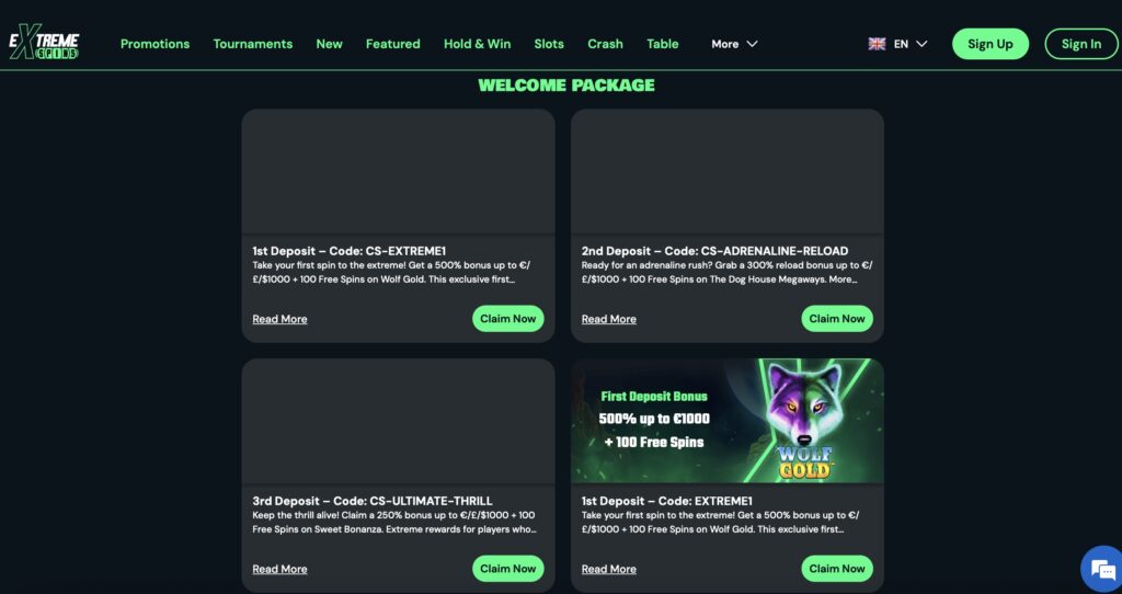 Extreme Spins casino promotions page