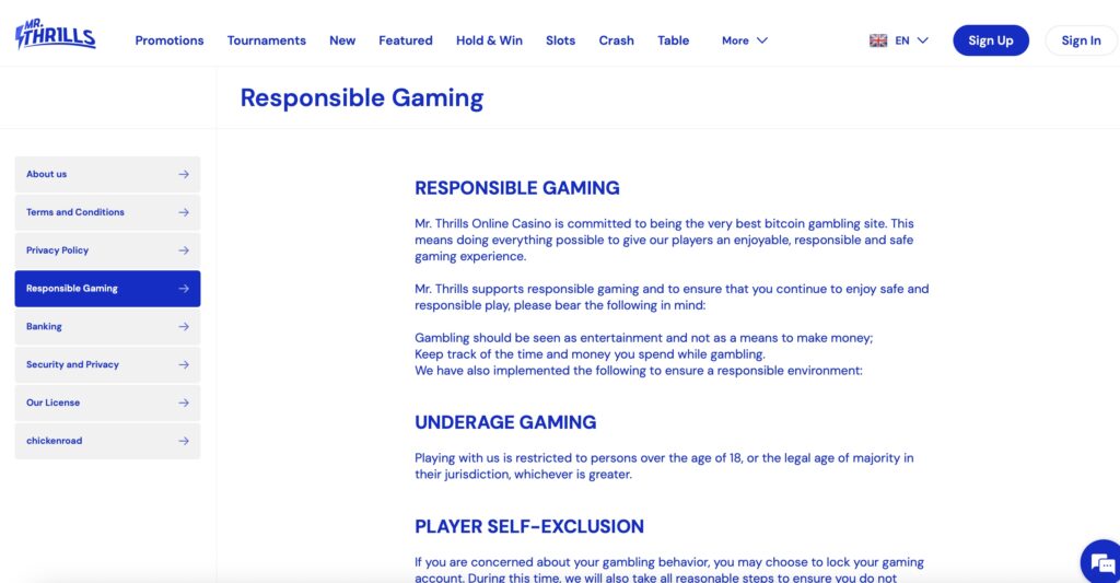Mr Thrills casino responsible gambling section